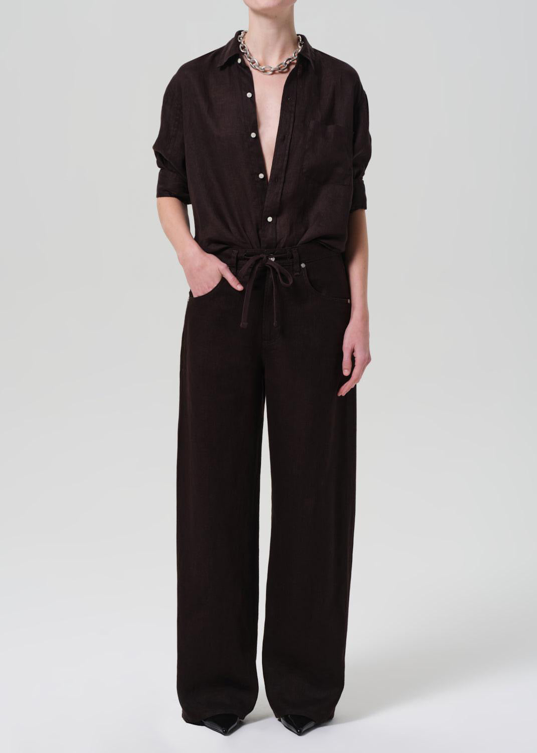 Brynn Drawstring Linen Trouser Chocolate