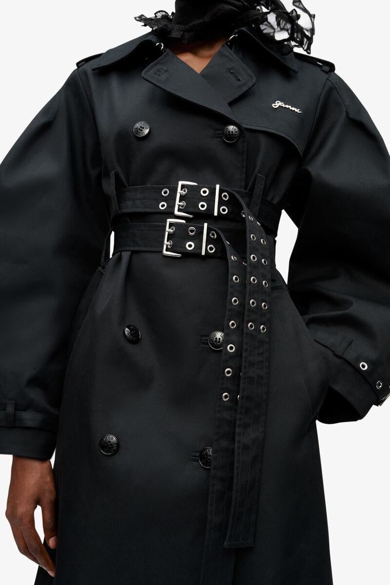 Black Bonded Cotton Trench Coat Black GANNI