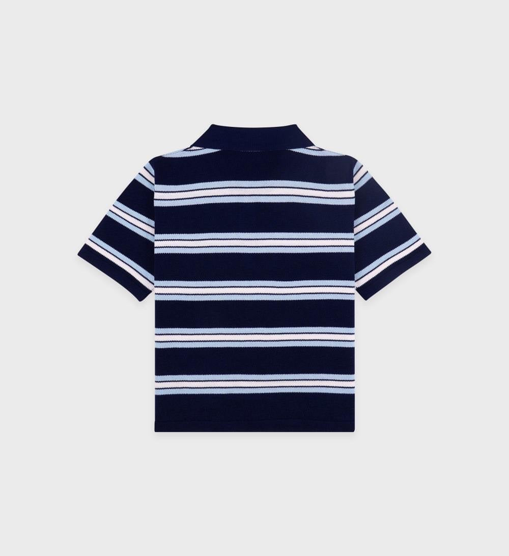 Serif Logo Silk Pique Cropped Polo Navy/White/Flax Blue