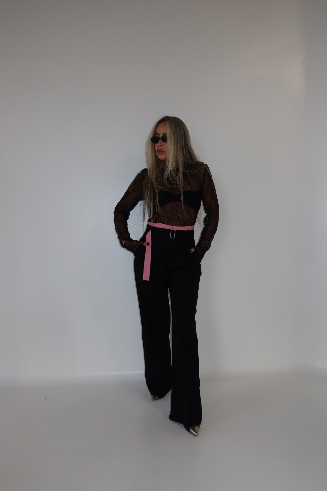 Black Tailored Palazzo Trousers With Contrasting Belt