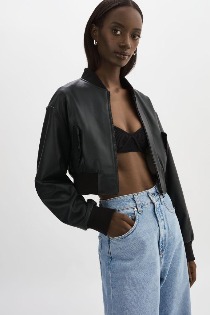 Evelin Faux Leather Cropped Bomber Black