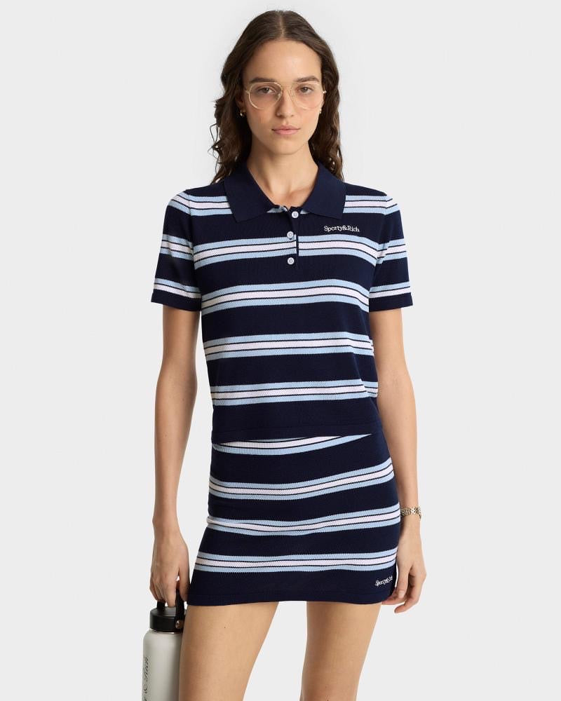 Serif Logo Silk Pique Cropped Polo Navy/White/Flax Blue