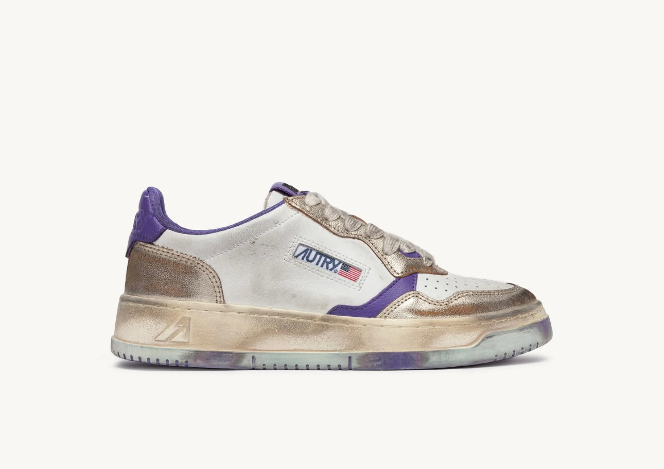 AUTRY Medalist Low Super Vintage Sneakers In White Purple And Platinum Leather