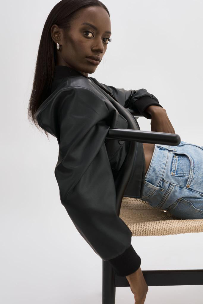 Evelin Faux Leather Cropped Bomber Black