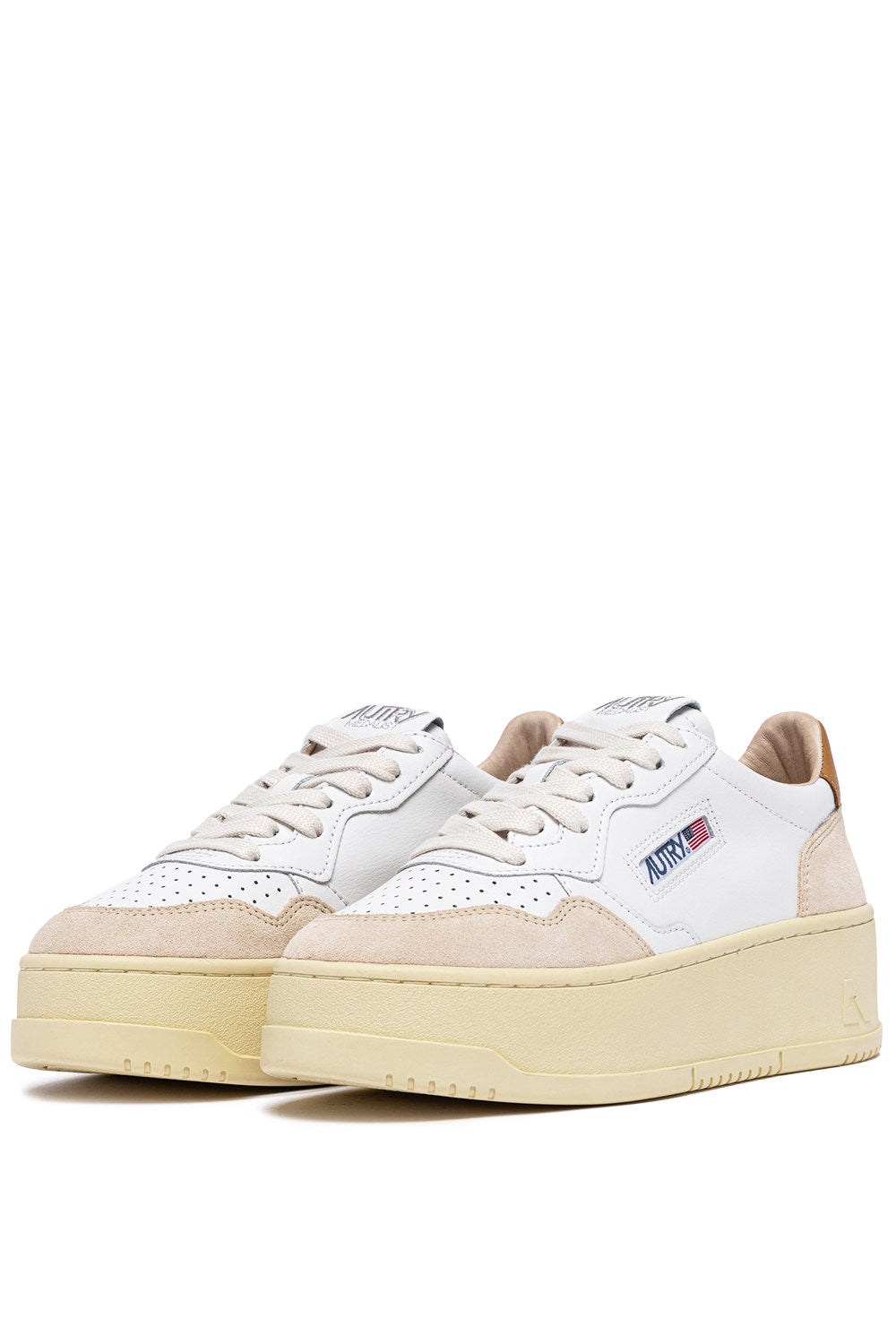 MEDALIST PLATFORM SNEAKERS IN WHITE AND PLATINUM SUEDE AND LEATHER