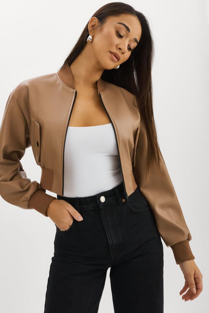 Evelin Faux Leather Cropped Bomber Mocha