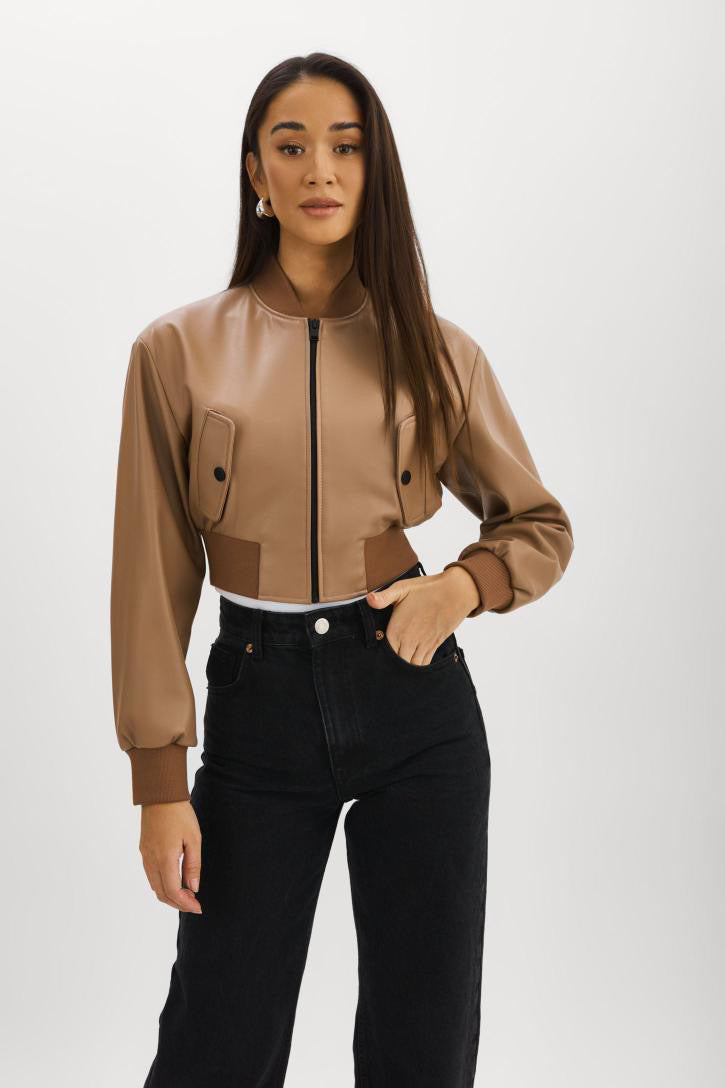 Evelin Faux Leather Cropped Bomber Mocha