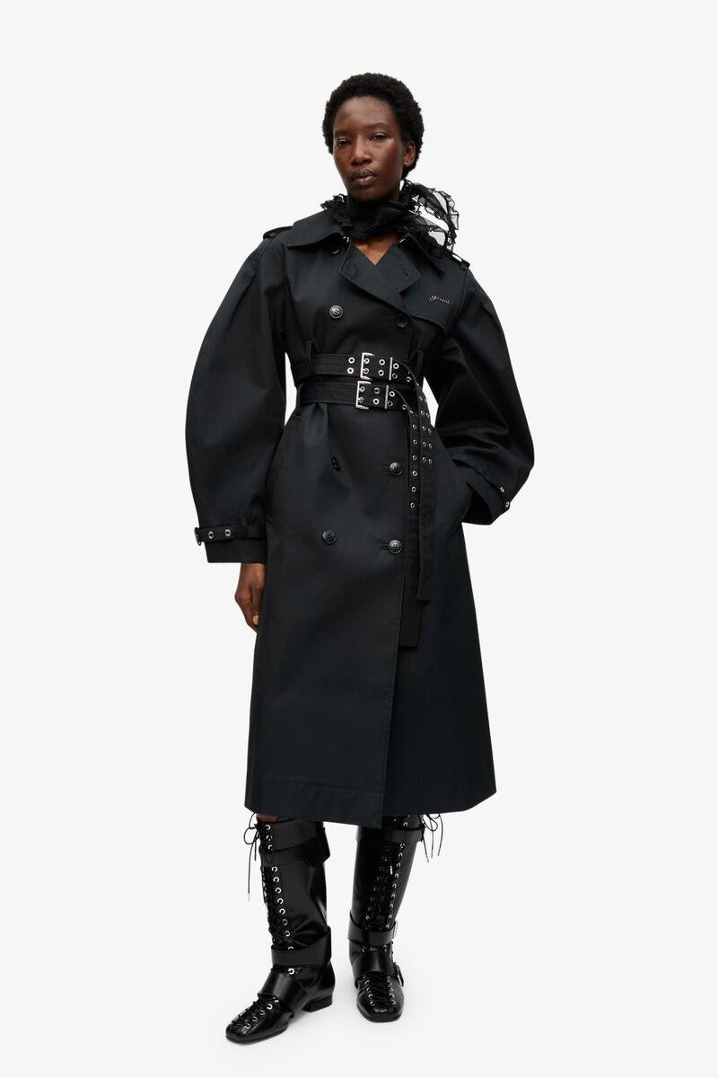 Black Bonded Cotton Trench Coat Black GANNI