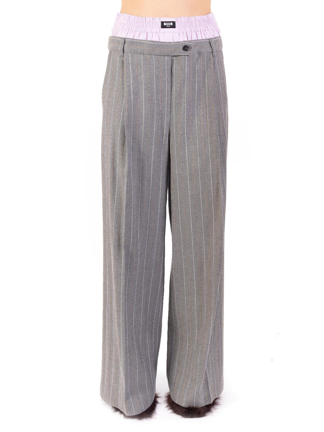 Wide-Leg Trousers In Light Wool With A Pinstripe Pattern In Grey Melange With Elastic