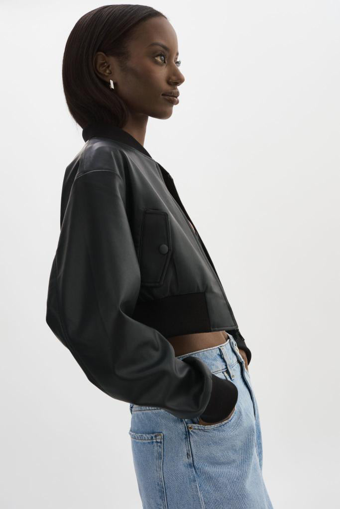 Evelin Faux Leather Cropped Bomber Black