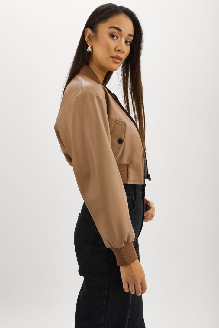Evelin Faux Leather Cropped Bomber Mocha