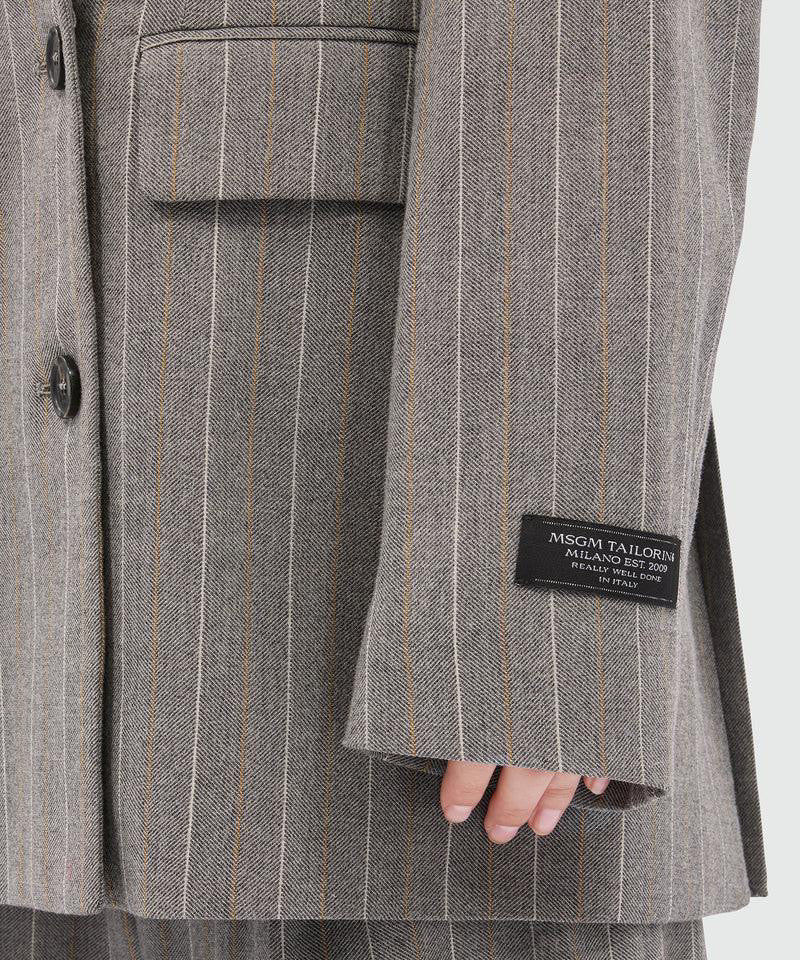 Double Breasted Grey Melange Jacket In Lightweight Chevron Pinstripe Wool
