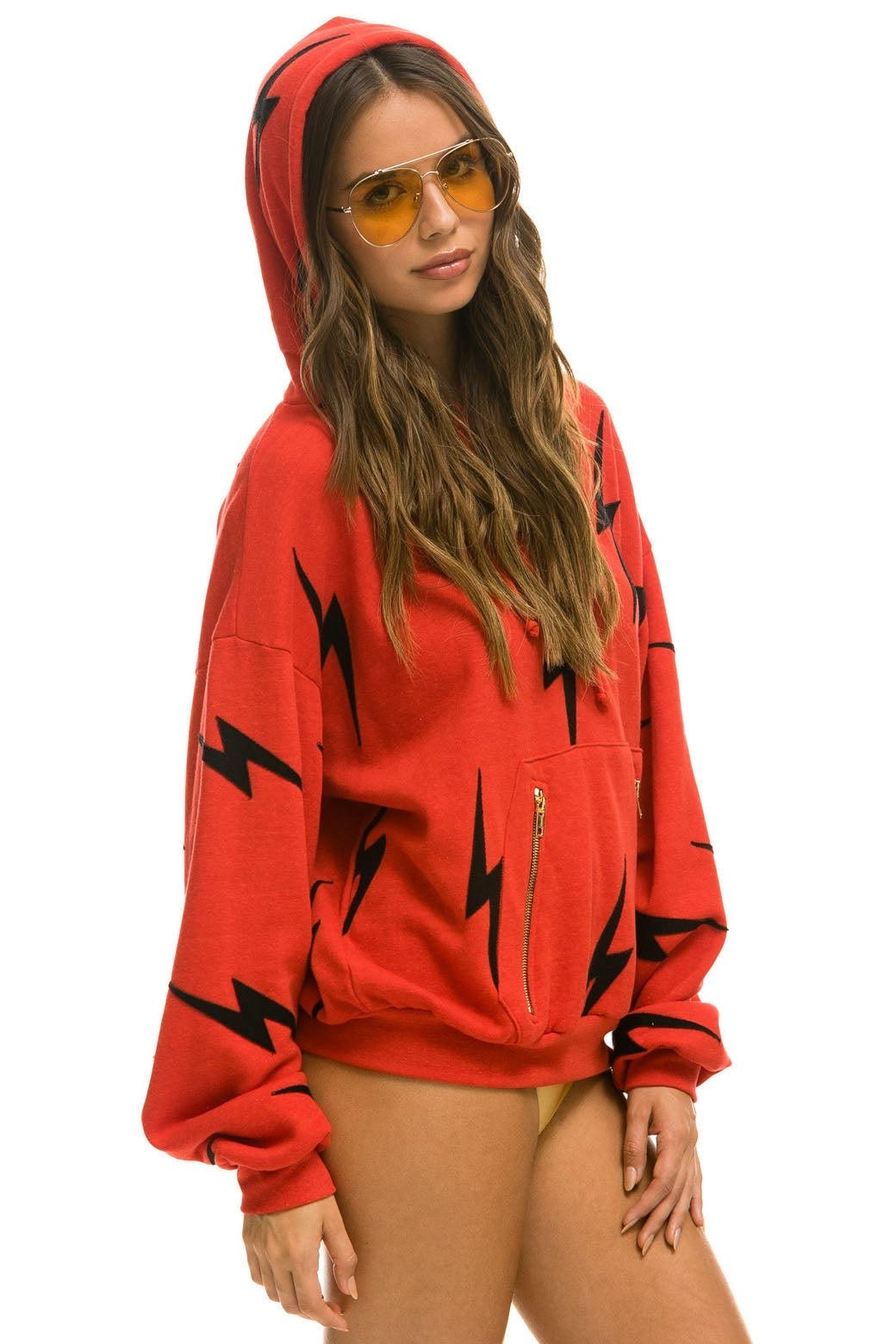 Bolt Stitch Repeat Relaxed Pullover Hoodie With Pocket Zippers Red Black