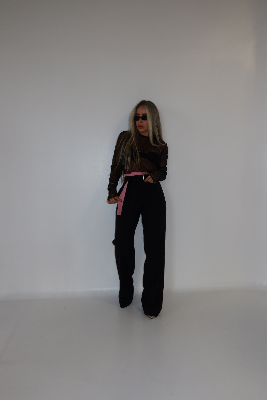 Black Tailored Palazzo Trousers With Contrasting Belt