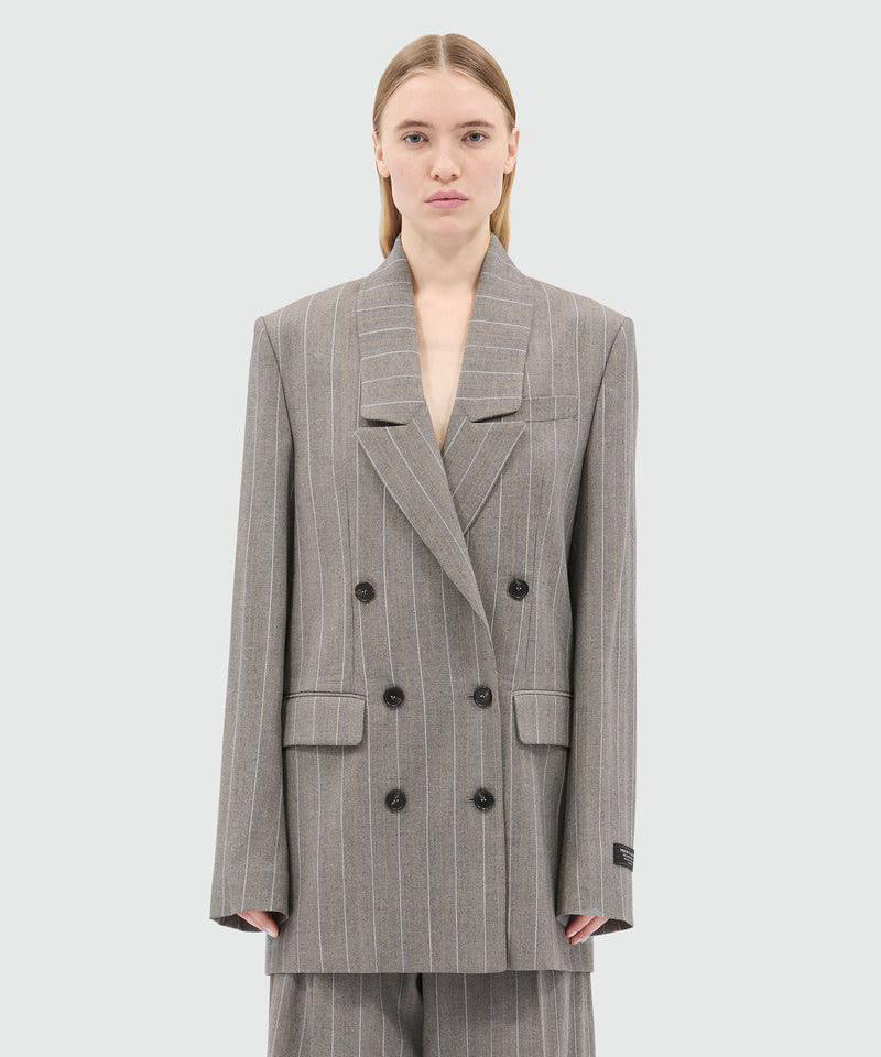 Double Breasted Grey Melange Jacket In Lightweight Chevron Pinstripe Wool