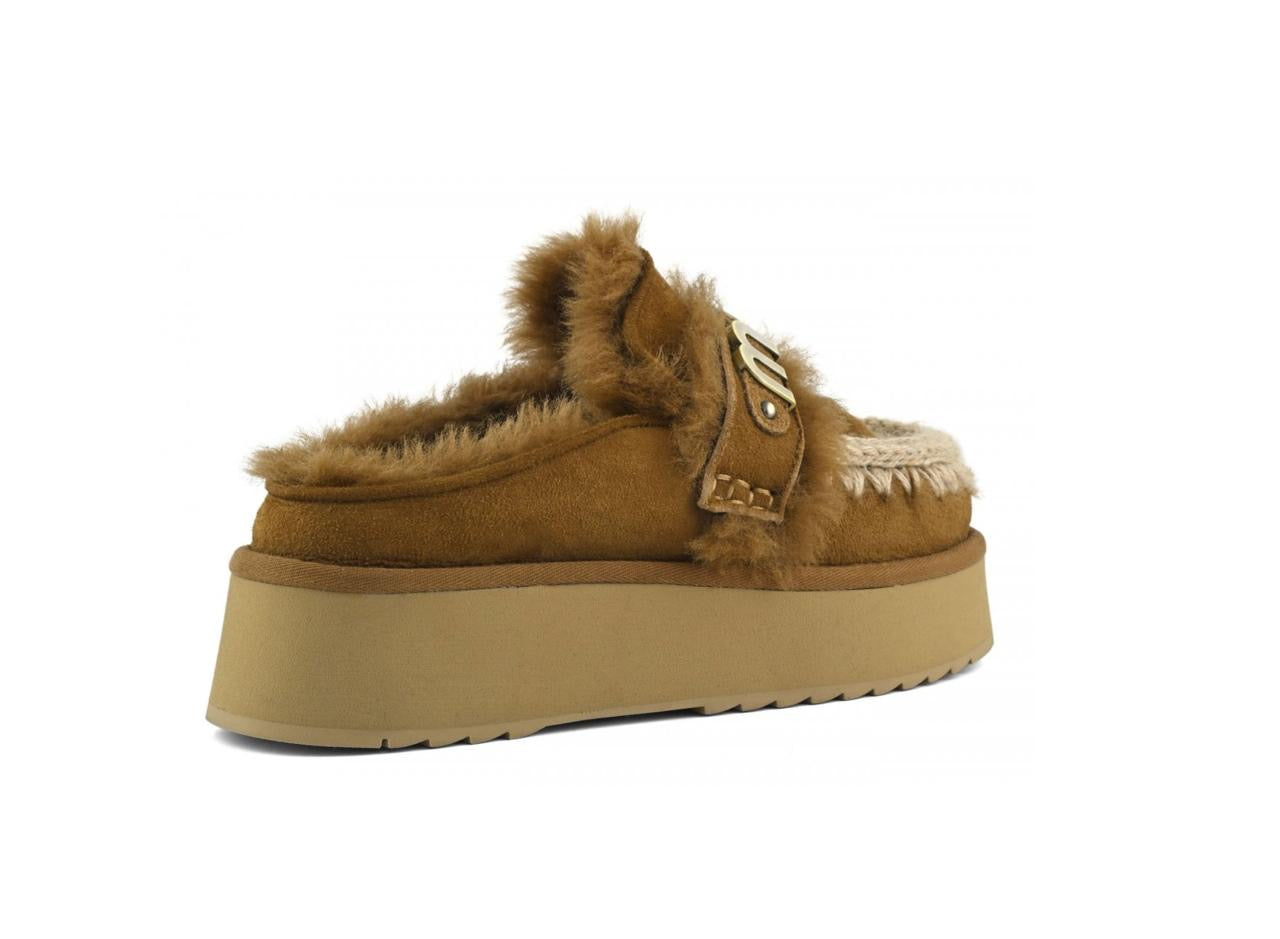 Platform Clog With Strap Logo Cognac Suede