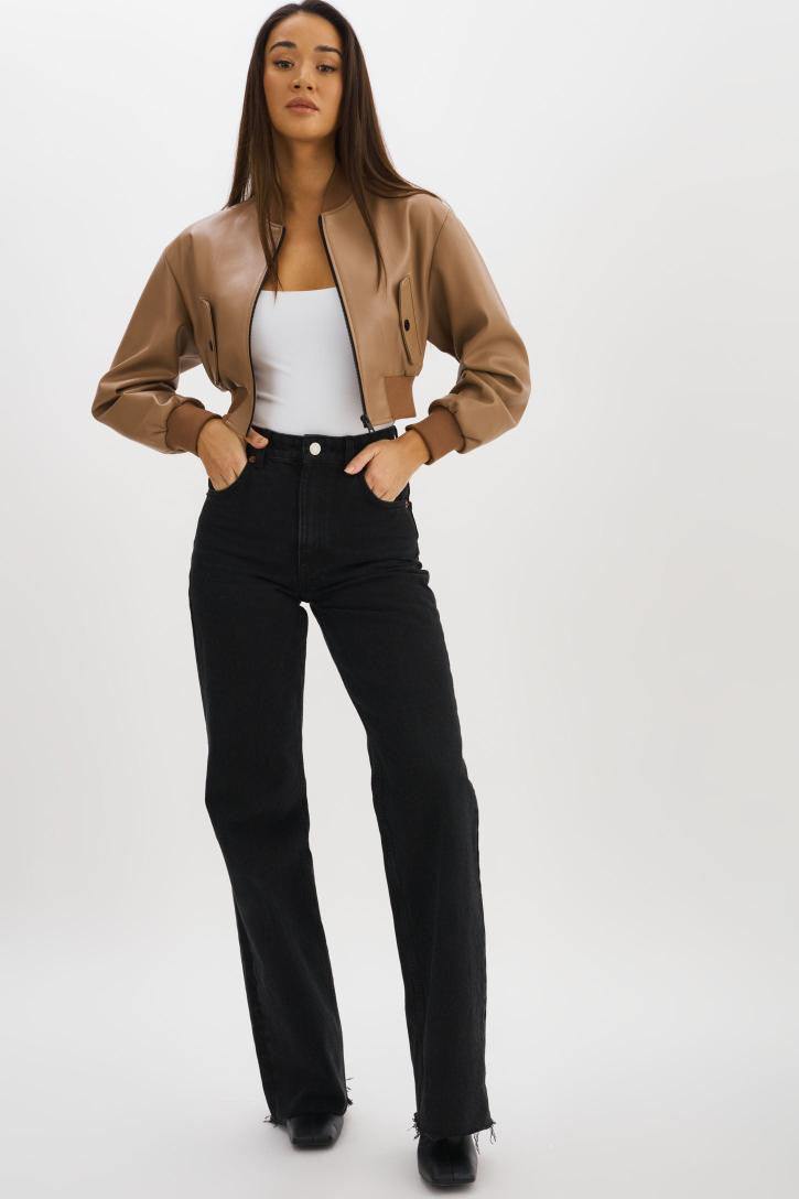 Evelin Faux Leather Cropped Bomber Mocha