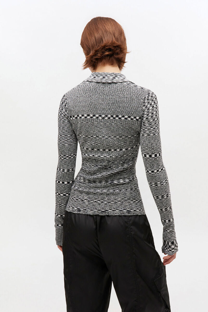 Grey Striped Knitted Polo Shirt Black