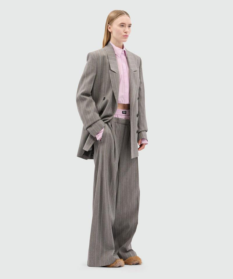 Wide-Leg Trousers In Light Wool With A Pinstripe Pattern In Grey Melange With Elastic