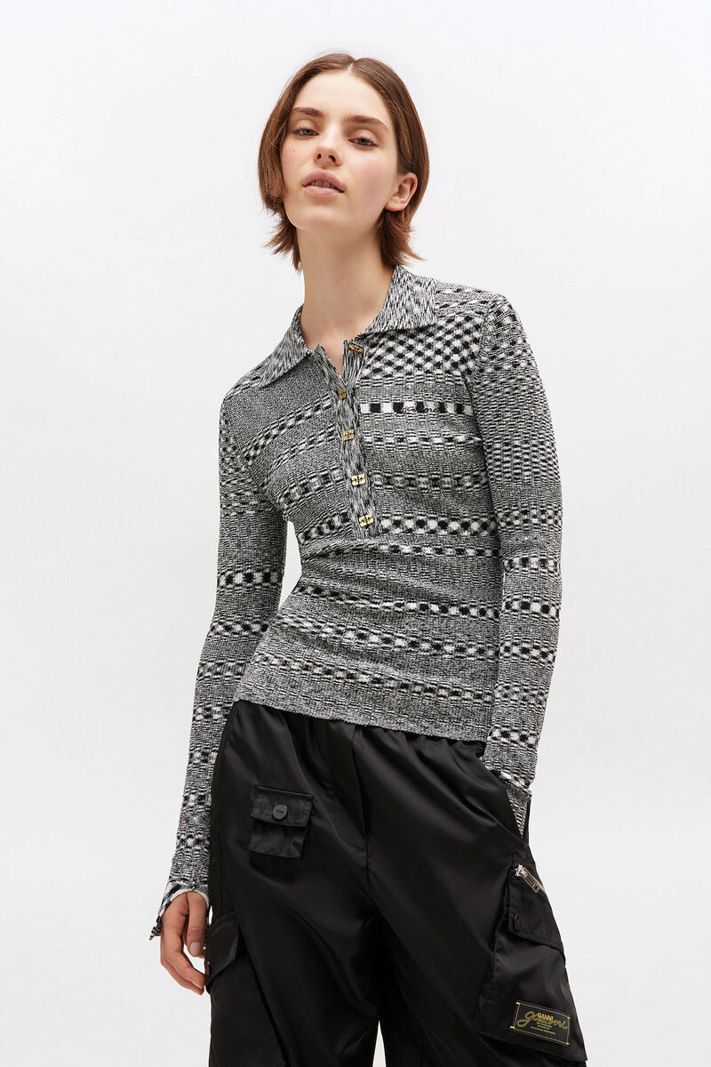 Grey Striped Knitted Polo Shirt Black