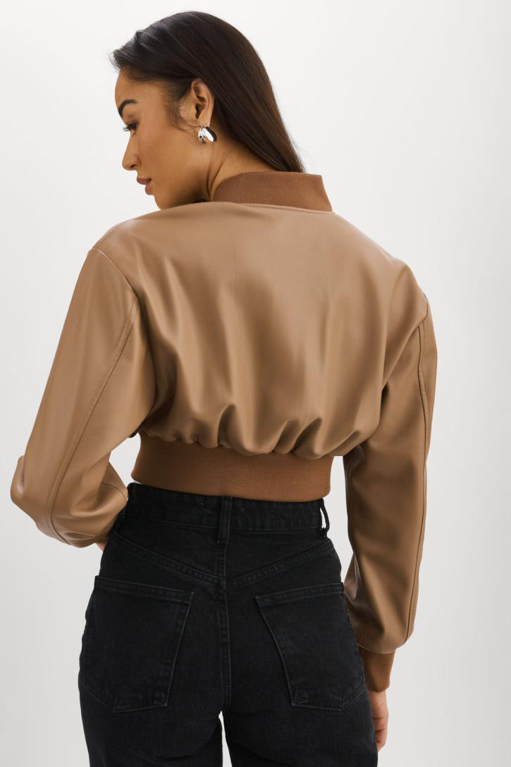 Evelin Faux Leather Cropped Bomber Mocha
