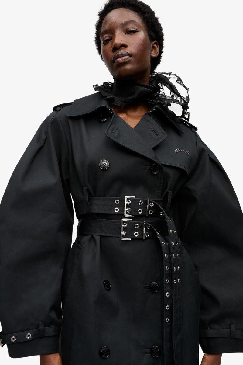 Black Bonded Cotton Trench Coat Black GANNI