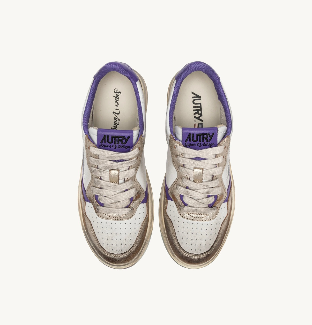 AUTRY Medalist Low Super Vintage Sneakers In White Purple And Platinum Leather