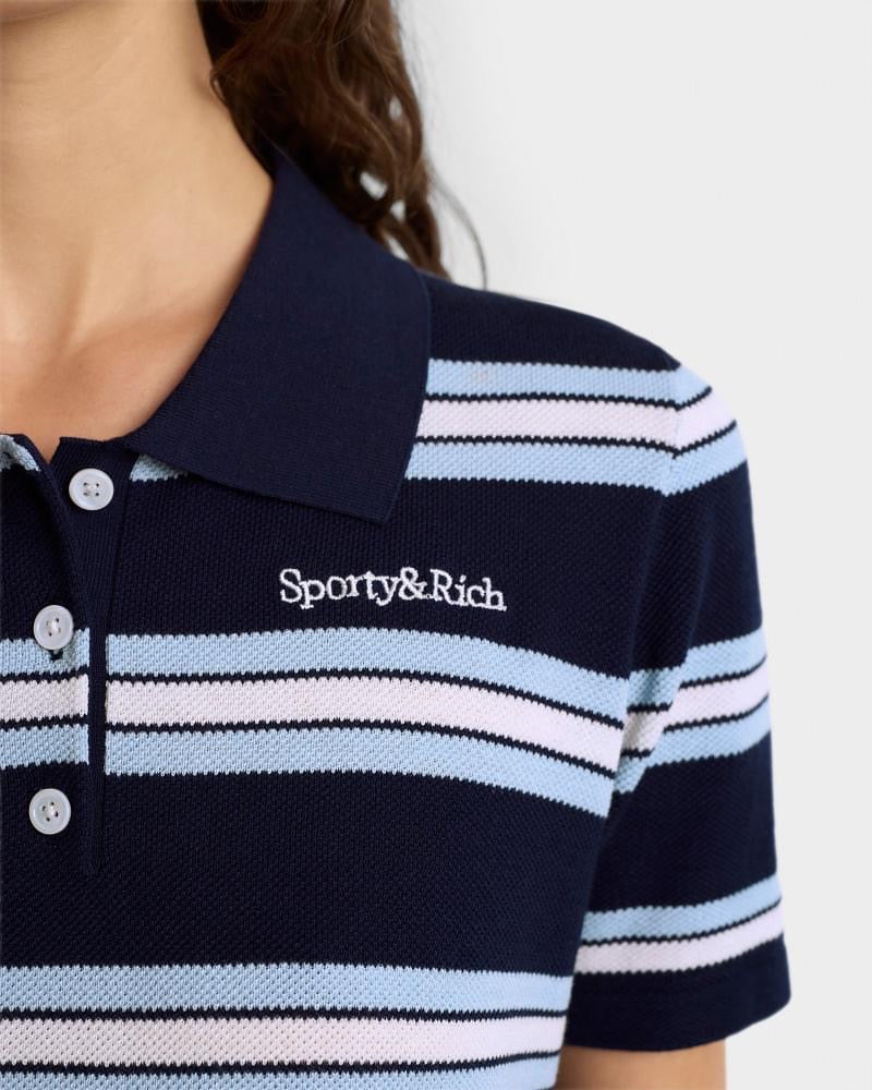 Serif Logo Silk Pique Cropped Polo Navy/White/Flax Blue